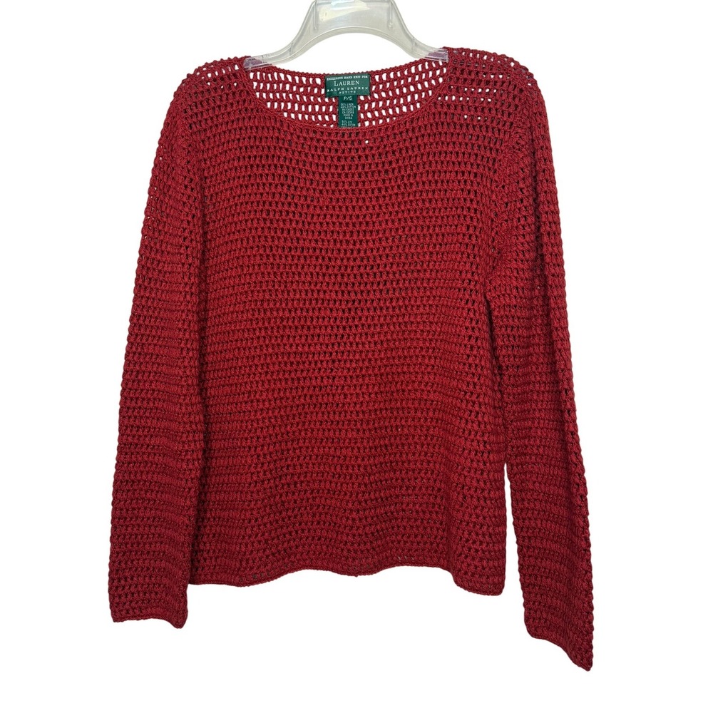 Lauren Ralph Lauren Sweater Womens P/S Red Excellent Open Knit Linen Cotton Hand
